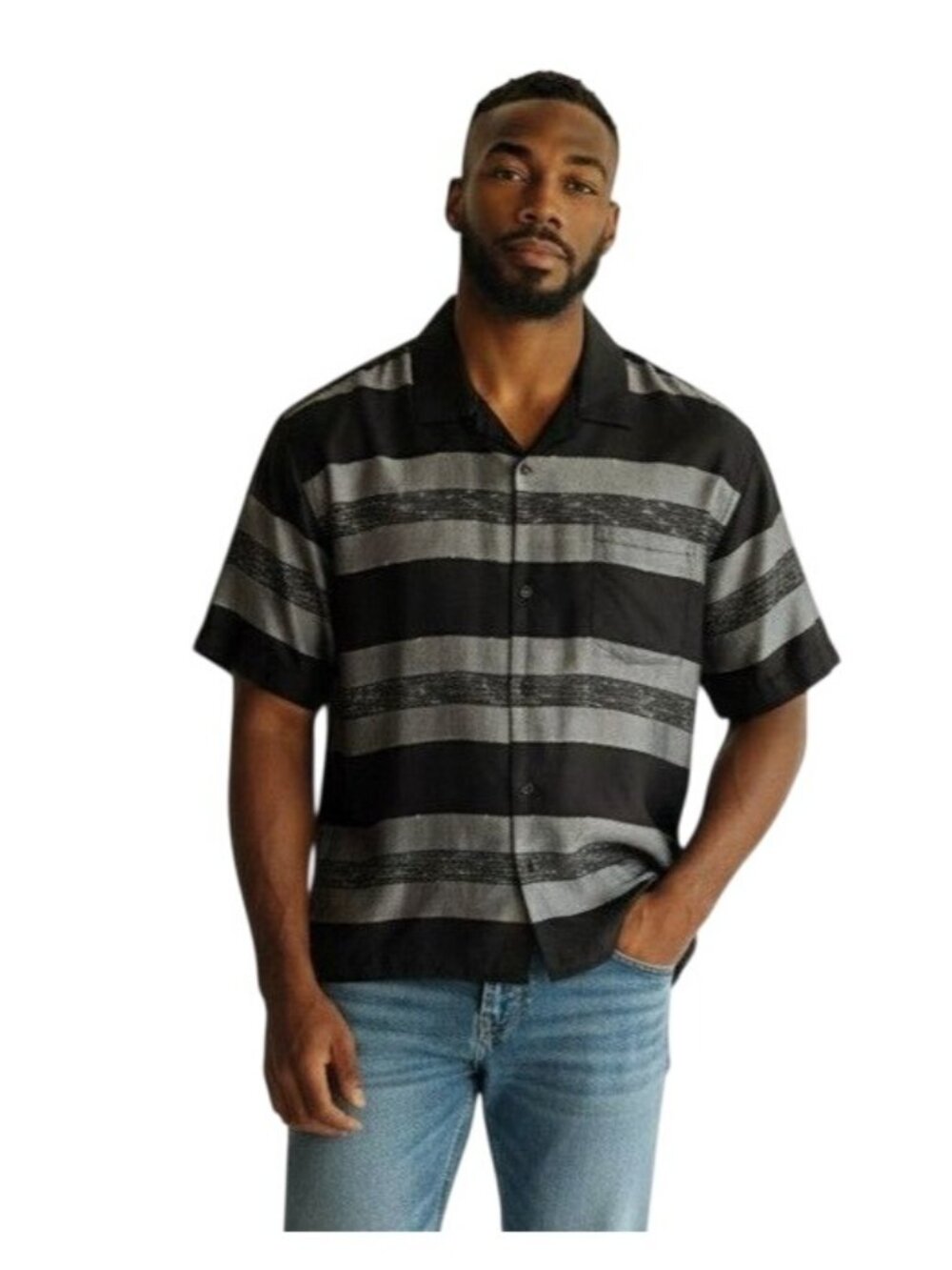 AllSaints Gabon Stripe Shirt Gray Black - Size S